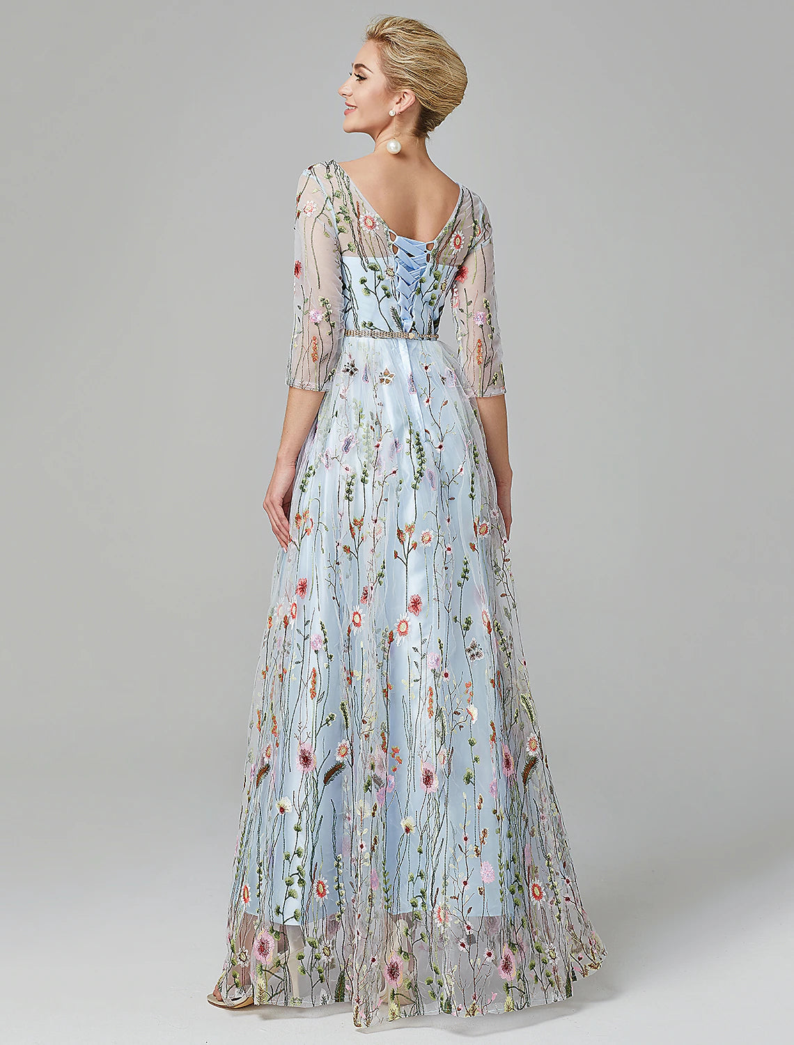 A-Linie Abendkleid Partykleid Blumenkleid Urlaub Hochzeitsgast Bodenlang 3/4 Ärmel Illusion Hals Spitze mit Stickerei